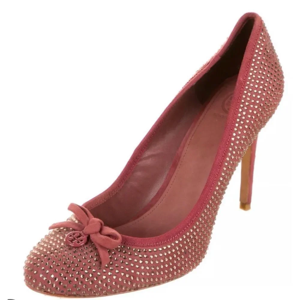 TORY BURCH Phoenix Soho Lux Suede Crystal Jeweled Pumps in Conceria Cameo Sz 8